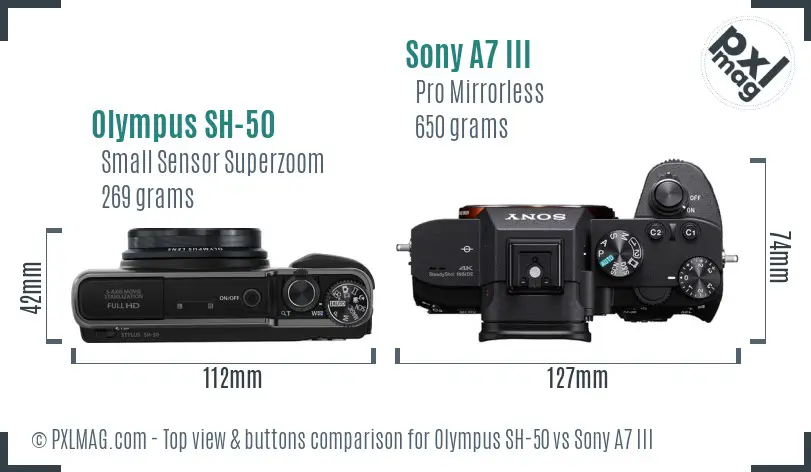 Olympus SH-50 vs Sony A7 III top view buttons comparison