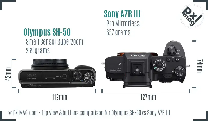 Olympus SH-50 vs Sony A7R III top view buttons comparison