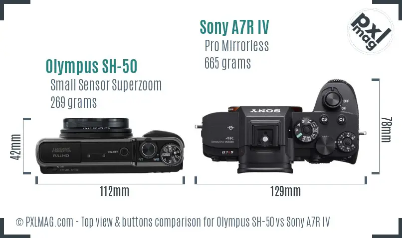 Olympus SH-50 vs Sony A7R IV top view buttons comparison