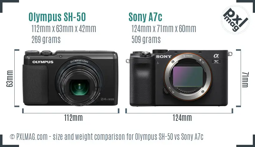 Olympus SH-50 vs Sony A7c size comparison