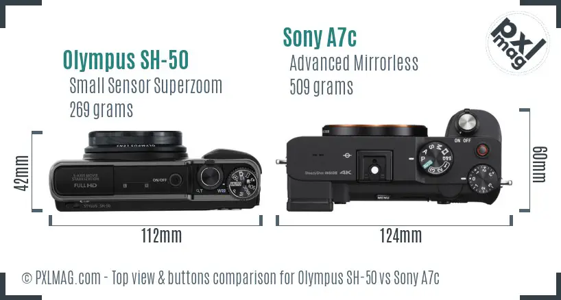 Olympus SH-50 vs Sony A7c top view buttons comparison