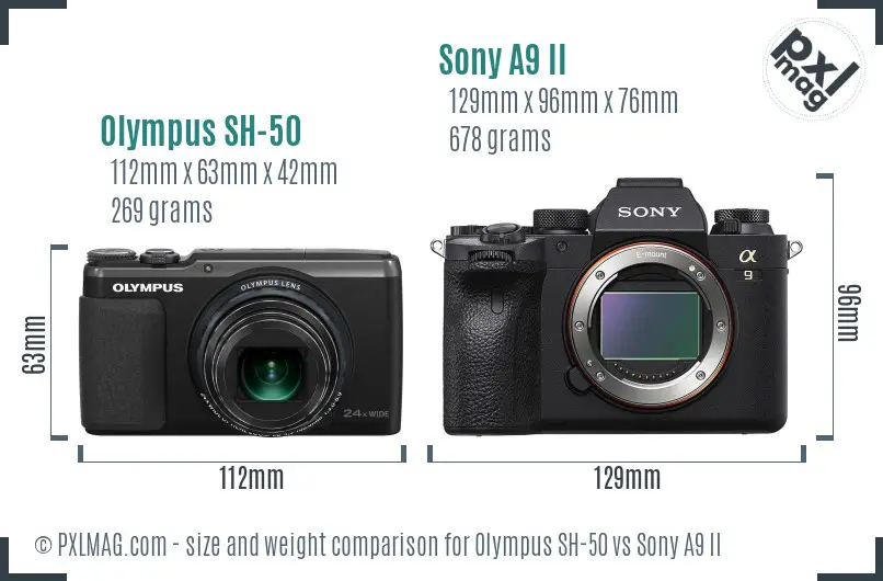 Olympus SH-50 vs Sony A9 II size comparison