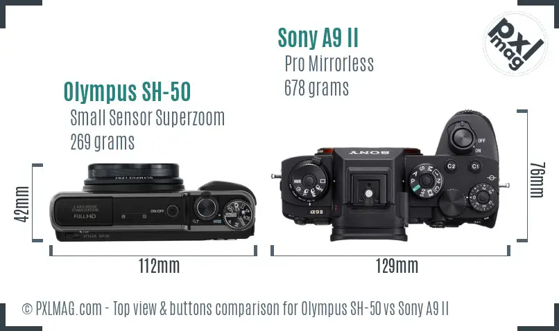 Olympus SH-50 vs Sony A9 II top view buttons comparison
