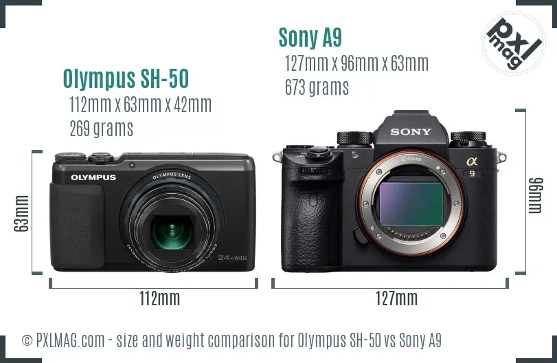 Olympus SH-50 vs Sony A9 size comparison