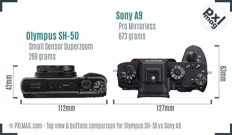 Olympus SH-50 vs Sony A9 top view buttons comparison
