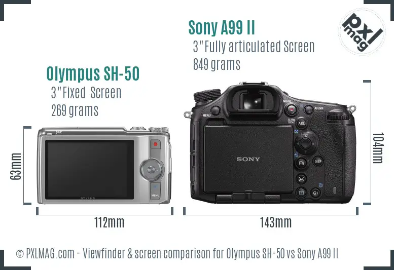 Olympus SH-50 vs Sony A99 II Screen and Viewfinder comparison