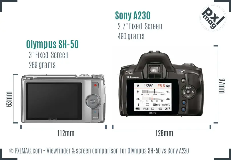 Olympus SH-50 vs Sony A230 Screen and Viewfinder comparison