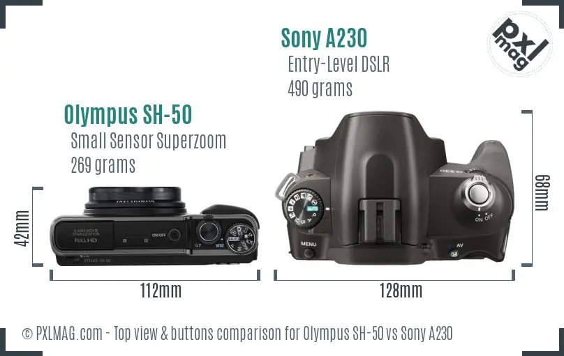 Olympus SH-50 vs Sony A230 top view buttons comparison