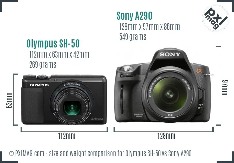 Olympus SH-50 vs Sony A290 size comparison