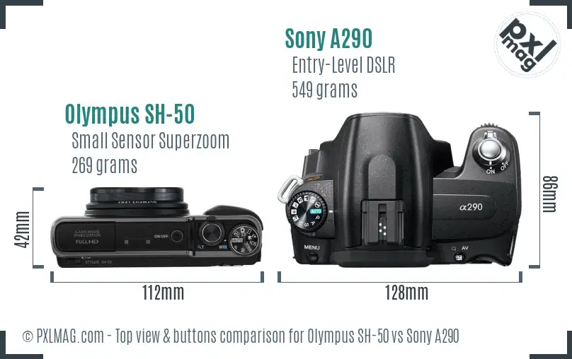 Olympus SH-50 vs Sony A290 top view buttons comparison