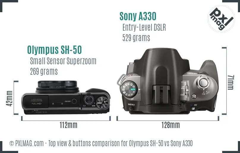 Olympus SH-50 vs Sony A330 top view buttons comparison