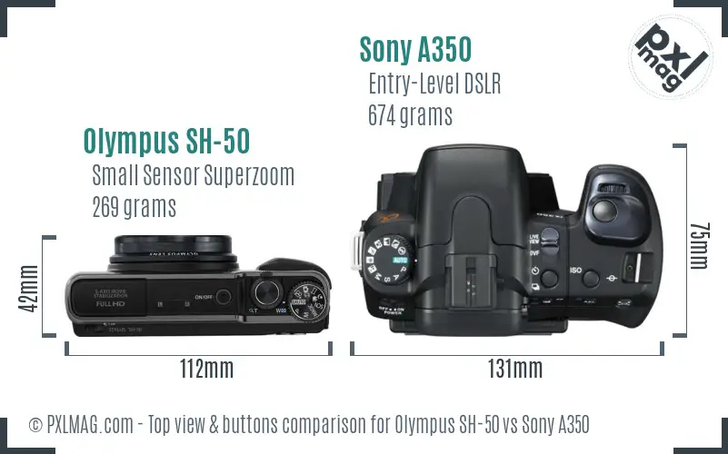 Olympus SH-50 vs Sony A350 top view buttons comparison