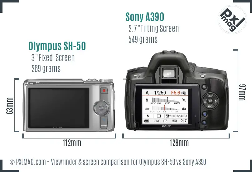 Olympus SH-50 vs Sony A390 Screen and Viewfinder comparison