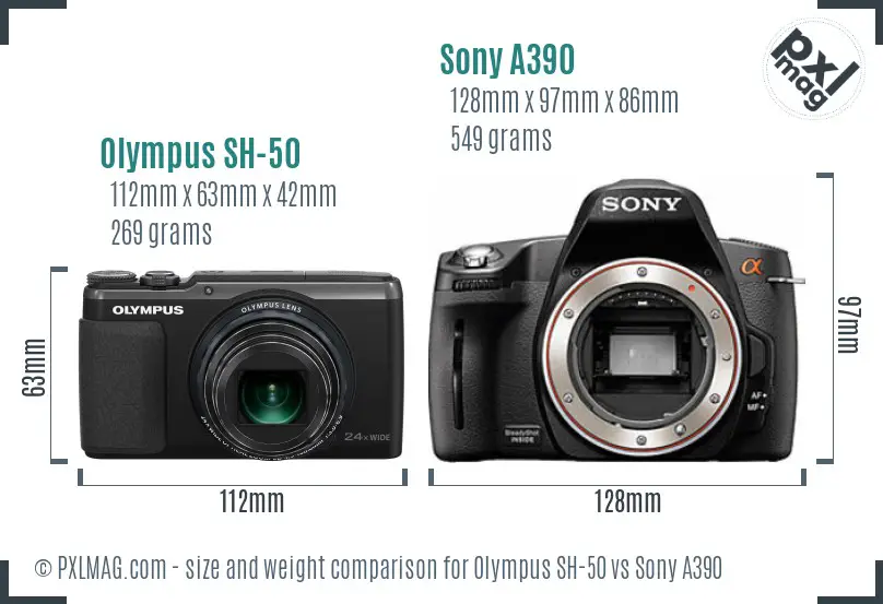 Olympus SH-50 vs Sony A390 size comparison