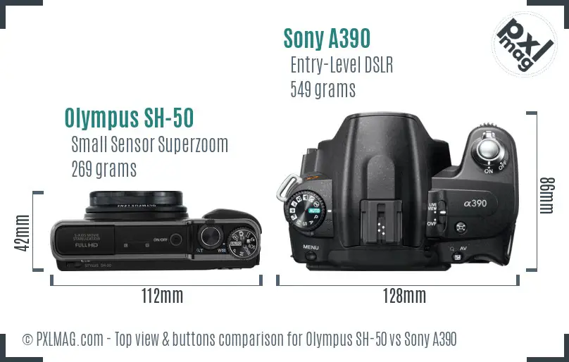 Olympus SH-50 vs Sony A390 top view buttons comparison