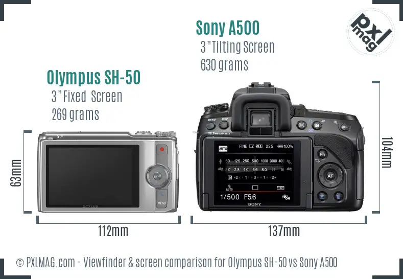 Olympus SH-50 vs Sony A500 Screen and Viewfinder comparison