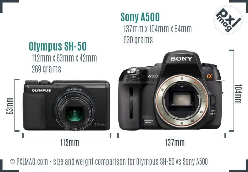 Olympus SH-50 vs Sony A500 size comparison