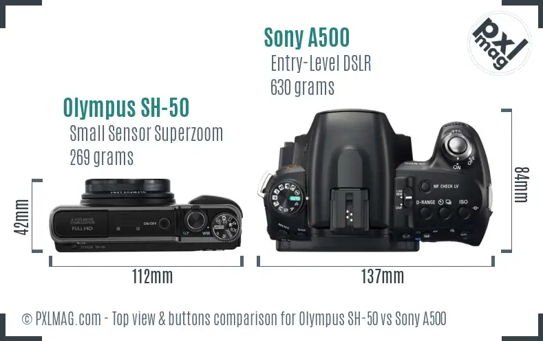 Olympus SH-50 vs Sony A500 top view buttons comparison