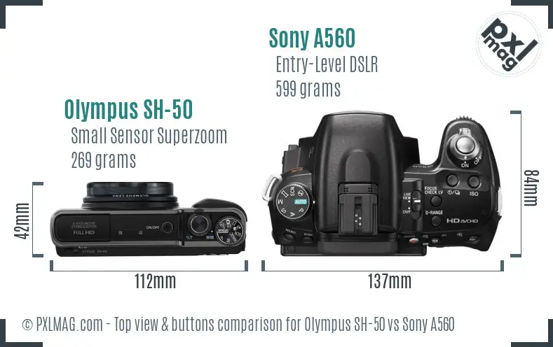 Olympus SH-50 vs Sony A560 top view buttons comparison