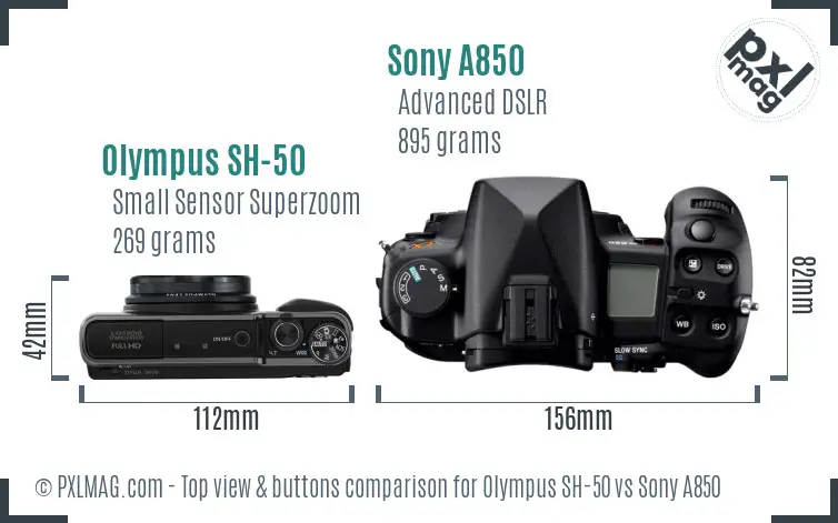 Olympus SH-50 vs Sony A850 top view buttons comparison