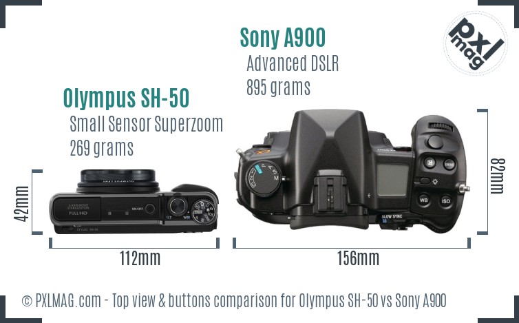 Olympus SH-50 vs Sony A900 top view buttons comparison