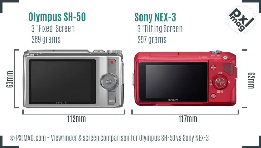 Olympus SH-50 vs Sony NEX-3 Screen and Viewfinder comparison