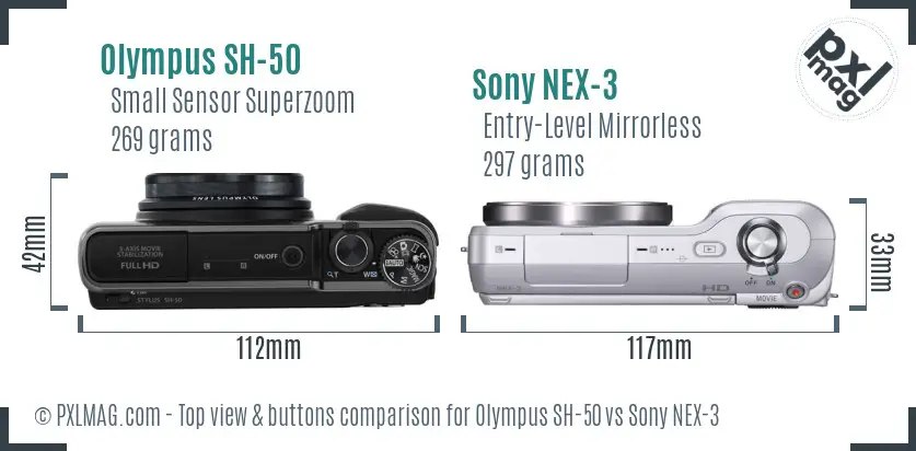 Olympus SH-50 vs Sony NEX-3 top view buttons comparison