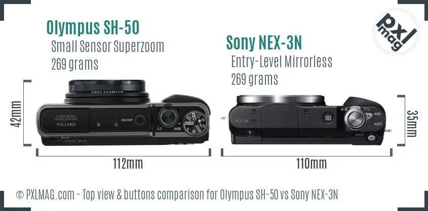 Olympus SH-50 vs Sony NEX-3N top view buttons comparison