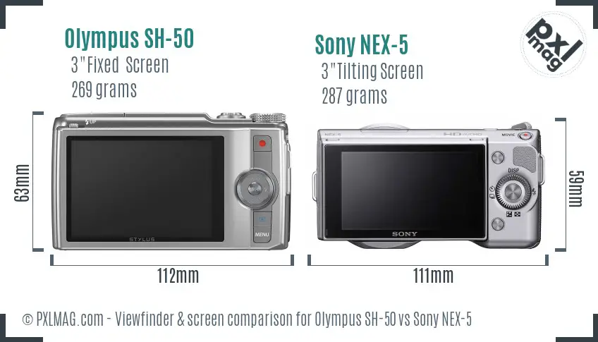 Olympus SH-50 vs Sony NEX-5 Screen and Viewfinder comparison