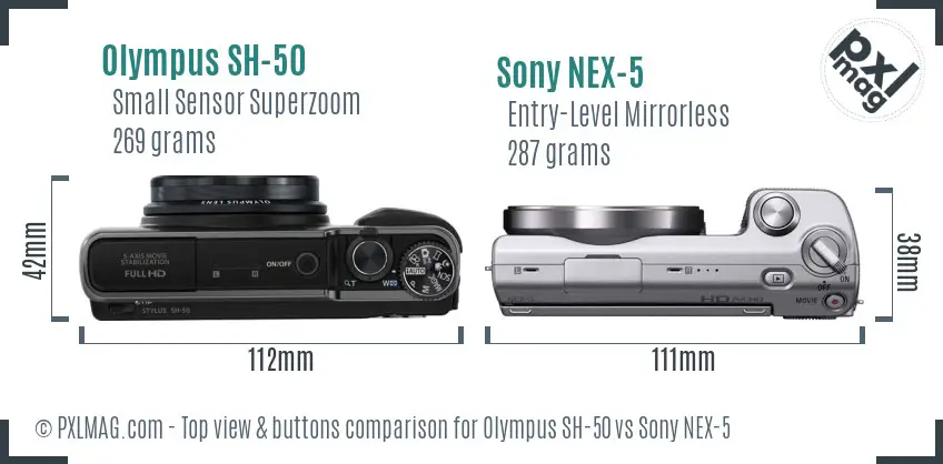 Olympus SH-50 vs Sony NEX-5 top view buttons comparison
