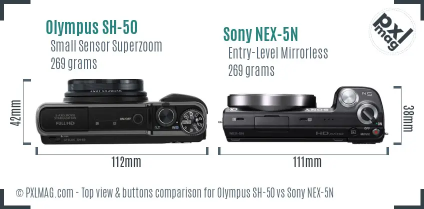 Olympus SH-50 vs Sony NEX-5N top view buttons comparison