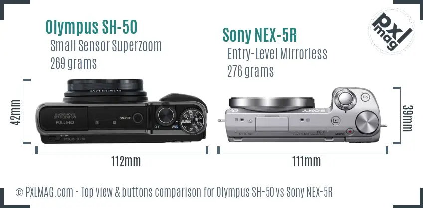 Olympus SH-50 vs Sony NEX-5R top view buttons comparison