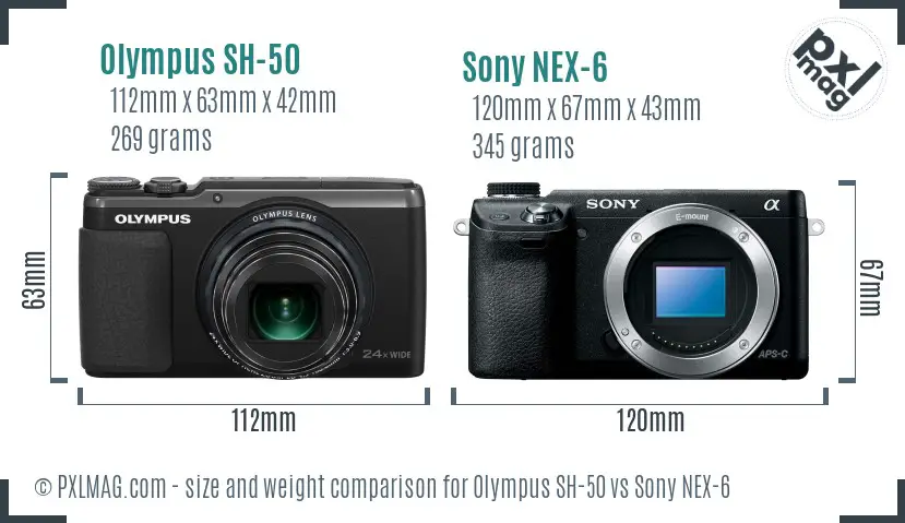 Olympus SH-50 vs Sony NEX-6 size comparison