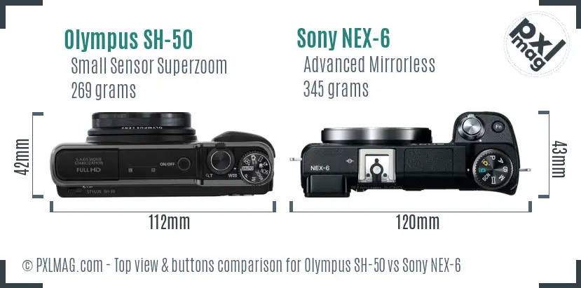 Olympus SH-50 vs Sony NEX-6 top view buttons comparison