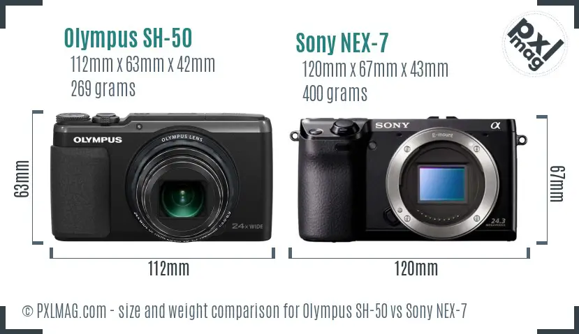 Olympus SH-50 vs Sony NEX-7 size comparison Olympus SH-50 vs Sony NEX-7 size comparison