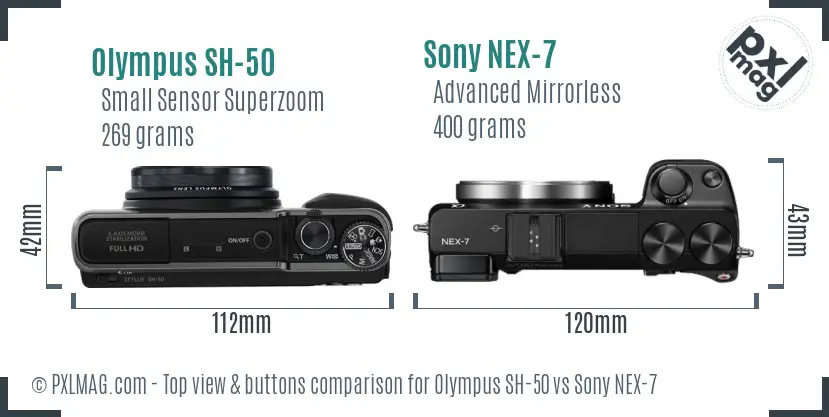 Olympus SH-50 vs Sony NEX-7 top view buttons comparison Olympus SH-50 vs Sony NEX-7 top view buttons comparison