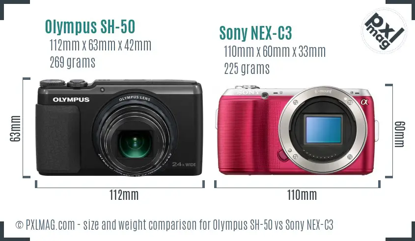 Olympus SH-50 vs Sony NEX-C3 size comparison