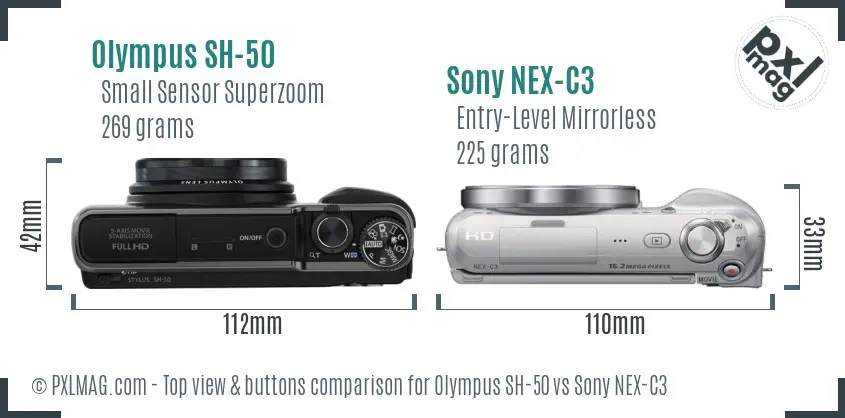 Olympus SH-50 vs Sony NEX-C3 top view buttons comparison