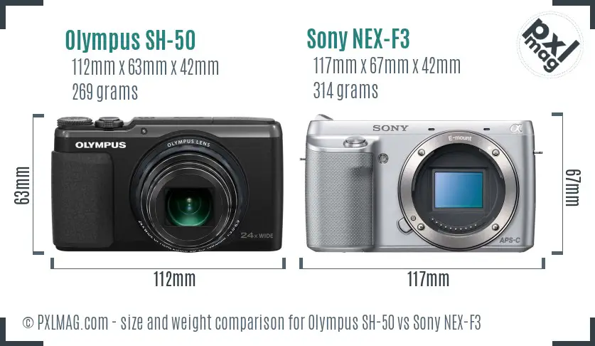 Olympus SH-50 vs Sony NEX-F3 size comparison