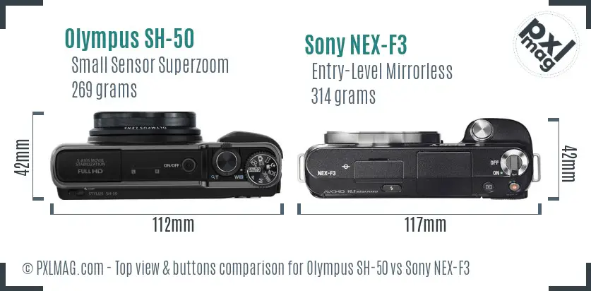 Olympus SH-50 vs Sony NEX-F3 top view buttons comparison