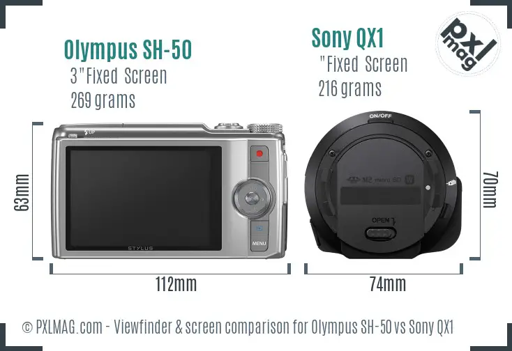 Olympus SH-50 vs Sony QX1 Screen and Viewfinder comparison