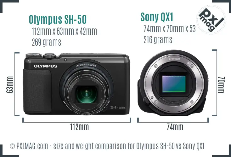 Olympus SH-50 vs Sony QX1 size comparison