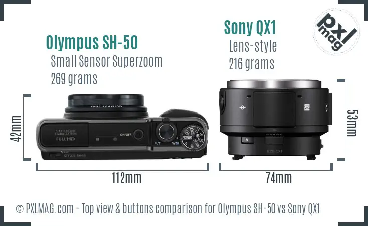 Olympus SH-50 vs Sony QX1 top view buttons comparison