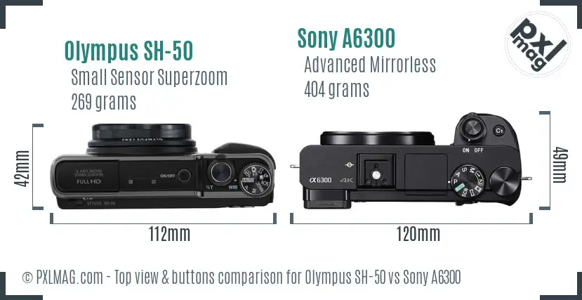 Olympus SH-50 vs Sony A6300 top view buttons comparison