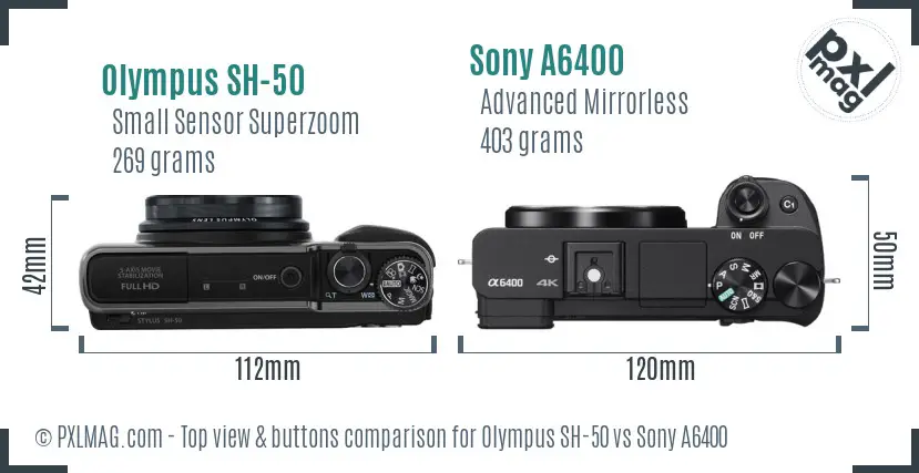 Olympus SH-50 vs Sony A6400 top view buttons comparison