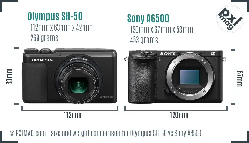 Olympus SH-50 vs Sony A6500 size comparison