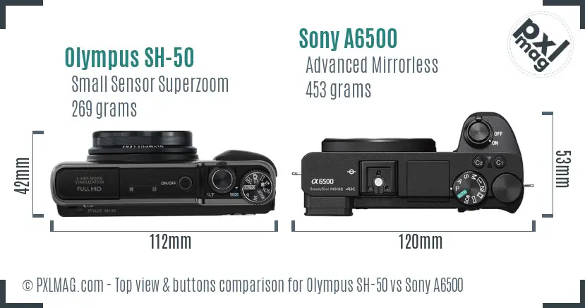 Olympus SH-50 vs Sony A6500 top view buttons comparison