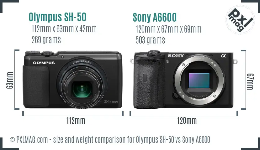 Olympus SH-50 vs Sony A6600 size comparison