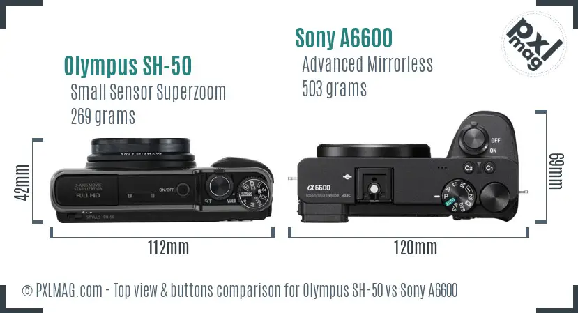 Olympus SH-50 vs Sony A6600 top view buttons comparison