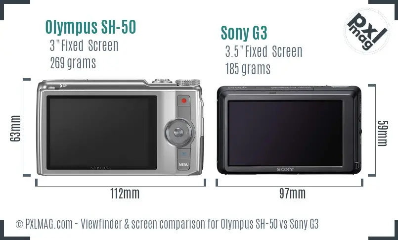 Olympus SH-50 vs Sony G3 Screen and Viewfinder comparison